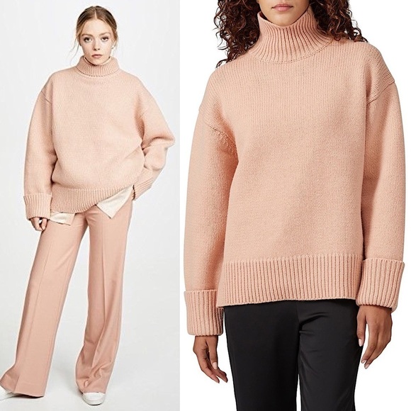 VICTORIA BECKHAM Pale Pink Oversized Wool Funnel Neck Chunky Sweater Size M